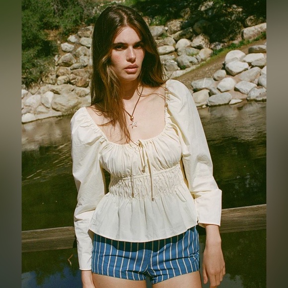 Ciao Lucia Tops - Ciao Lucia Raphaela Square Neck Smocked Top Cream Size Large Cotton Long Sleeve